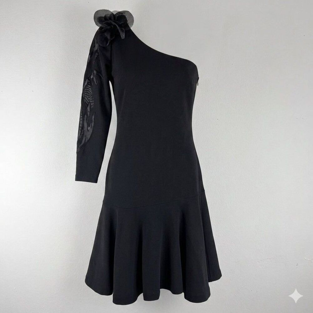 VTG Andrea Jovine 100% Wool Sm One Shoulder Dress Cocktail Mesh Flower 90s Goth